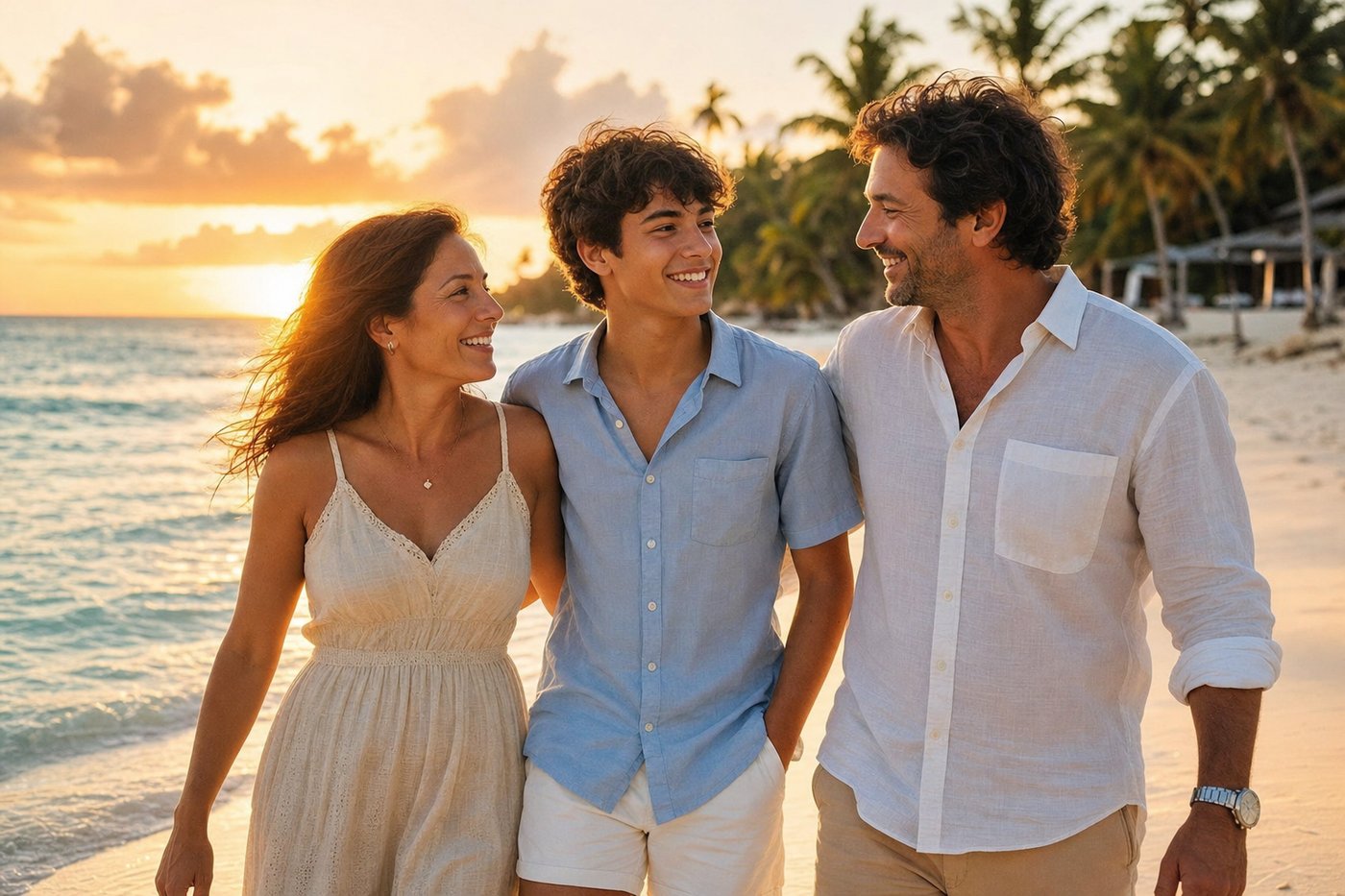 Family of three on a Caribbean beach at sunset