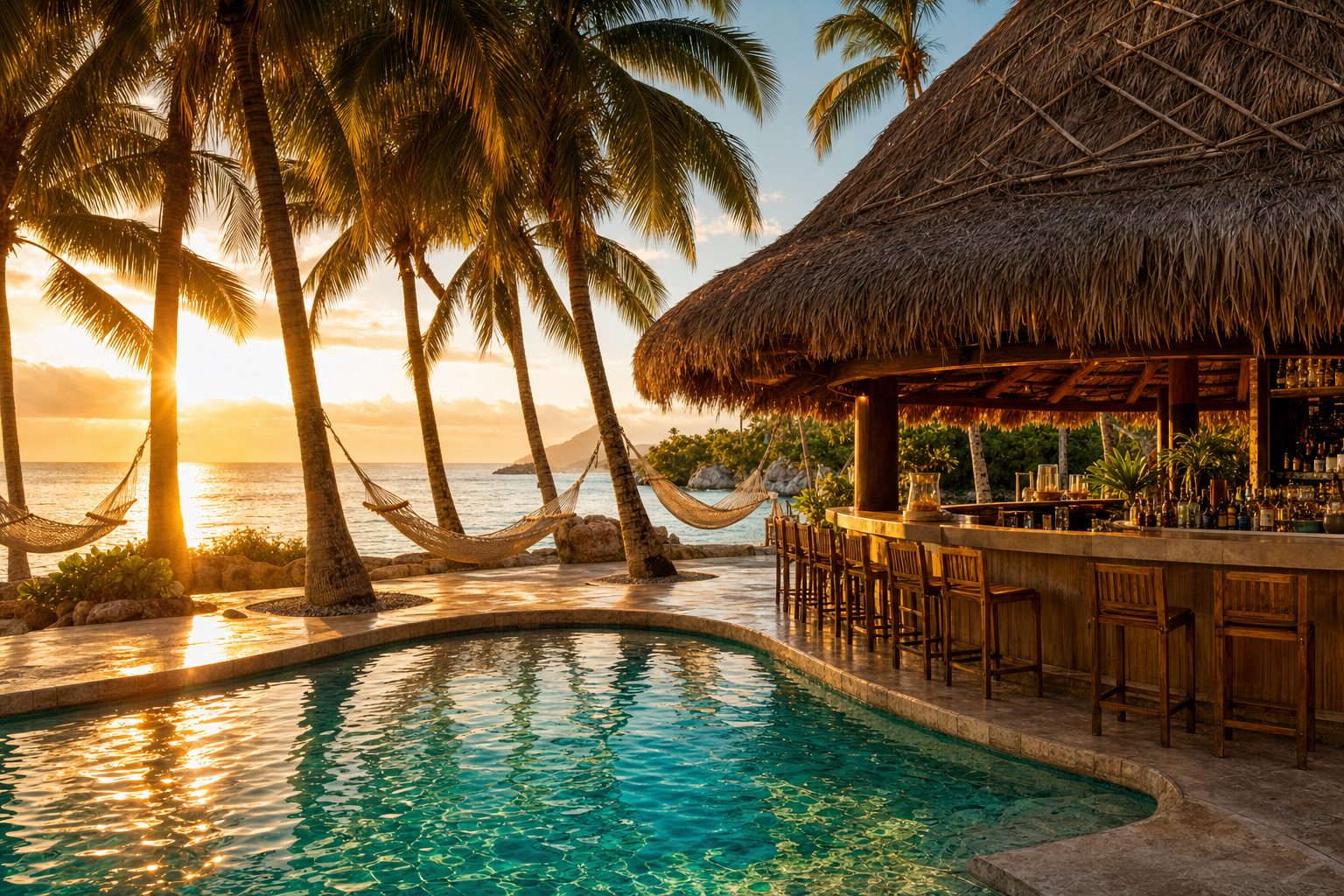 Resort pool with thatched palapa bar at golden hour