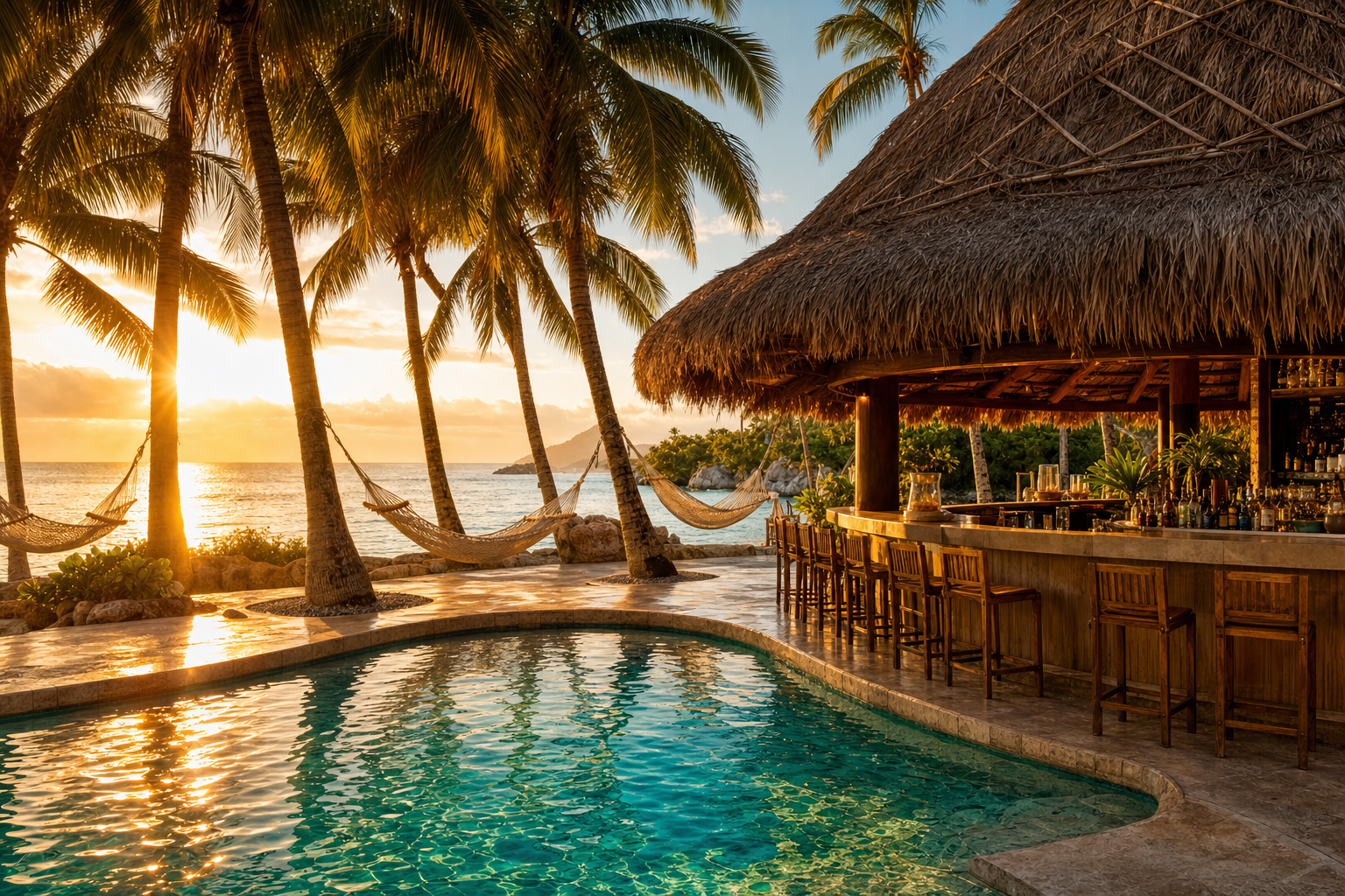 Resort pool with thatched palapa bar at golden hour
