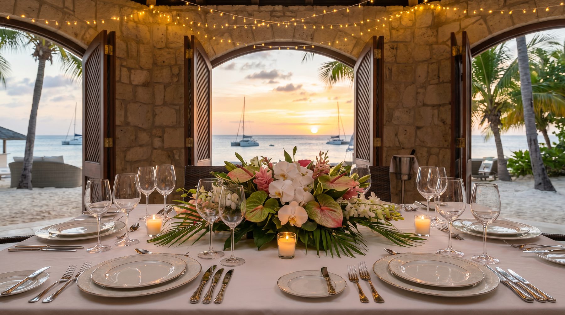 Beachfront dining table at sunset